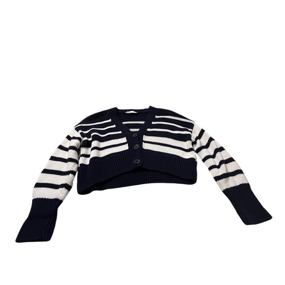 ZARA Cropped Striped Knit Sweater Cardigan Navy White Coastal Grandma Preppy Sml - Picture 4 of 6